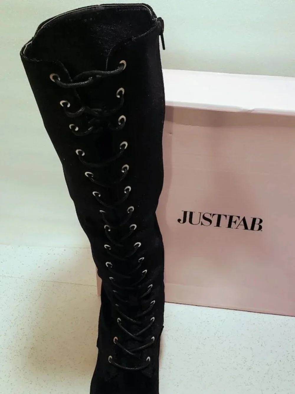 JustFab Ramona Black Velvet Tall Knee High Lace Up Combat Boots Women's Size 8